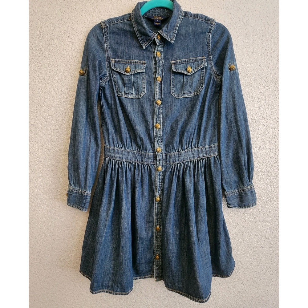 Polo Ralph Lauren Girls Denim Shirt Dress Sz 14 Button Front Long Sleeve Western